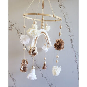 Rainbow Yarn Mobile Hanging Neutral Boho Nursery Decor Pom Pom Tassels Handmade